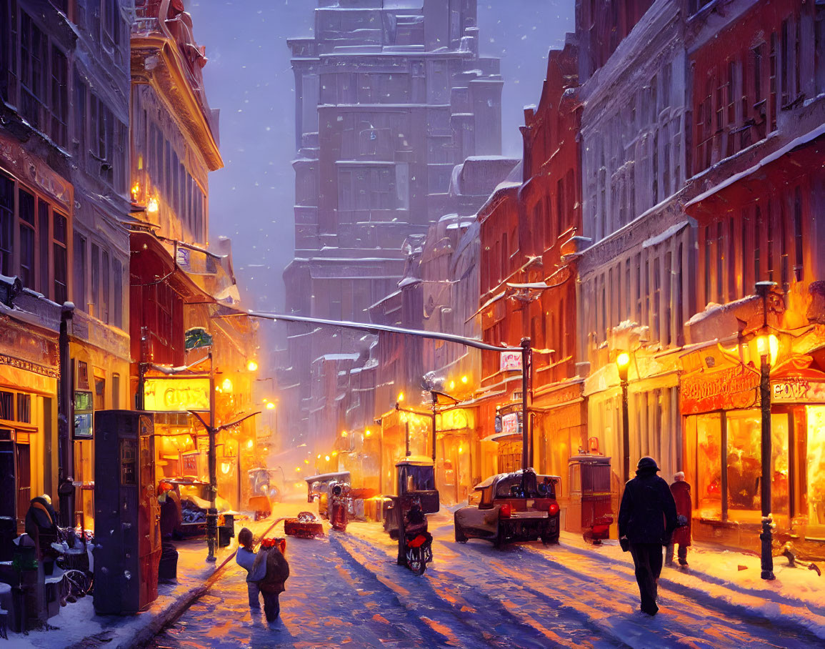 City street at dusk with warm lights, snow, people, cars, and buildings