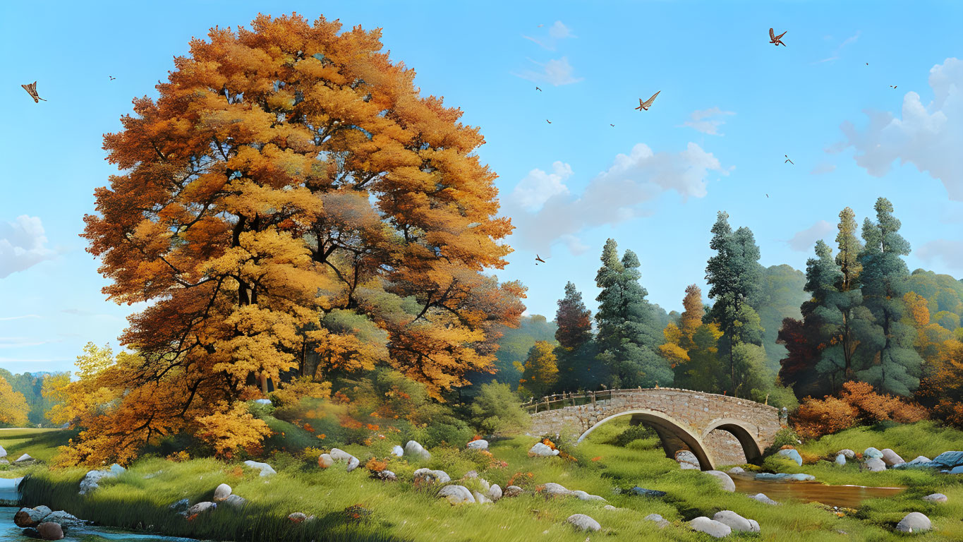 Vibrant autumn landscape with orange foliage, stone bridge, and birds in clear sky