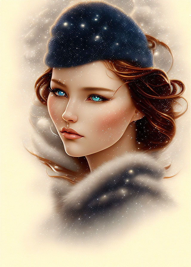 Digital illustration of woman with blue eyes in starry beanie and fur collar, with glowing snowfl