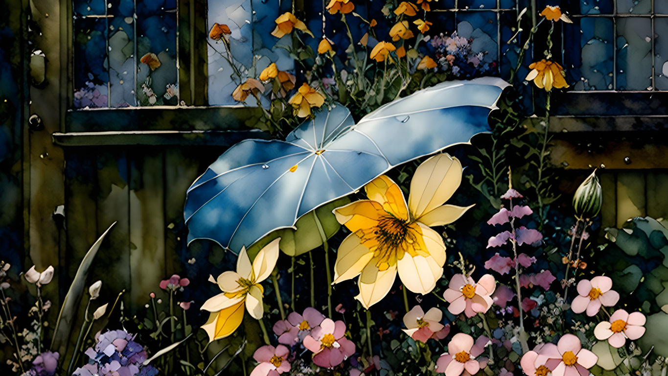 Colorful garden scene with open blue umbrella and bright flowers against dark windowpane