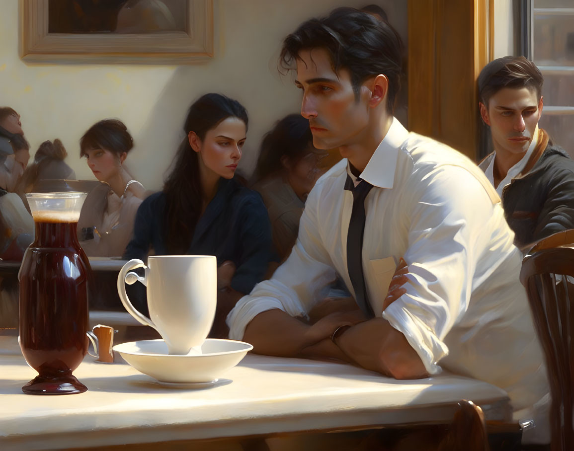 Young man at café table with coffee cup and pitcher, surrounded by conversing patrons