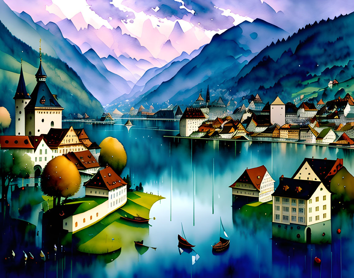 Colorful Lake-Town Illustration with Misty Mountains