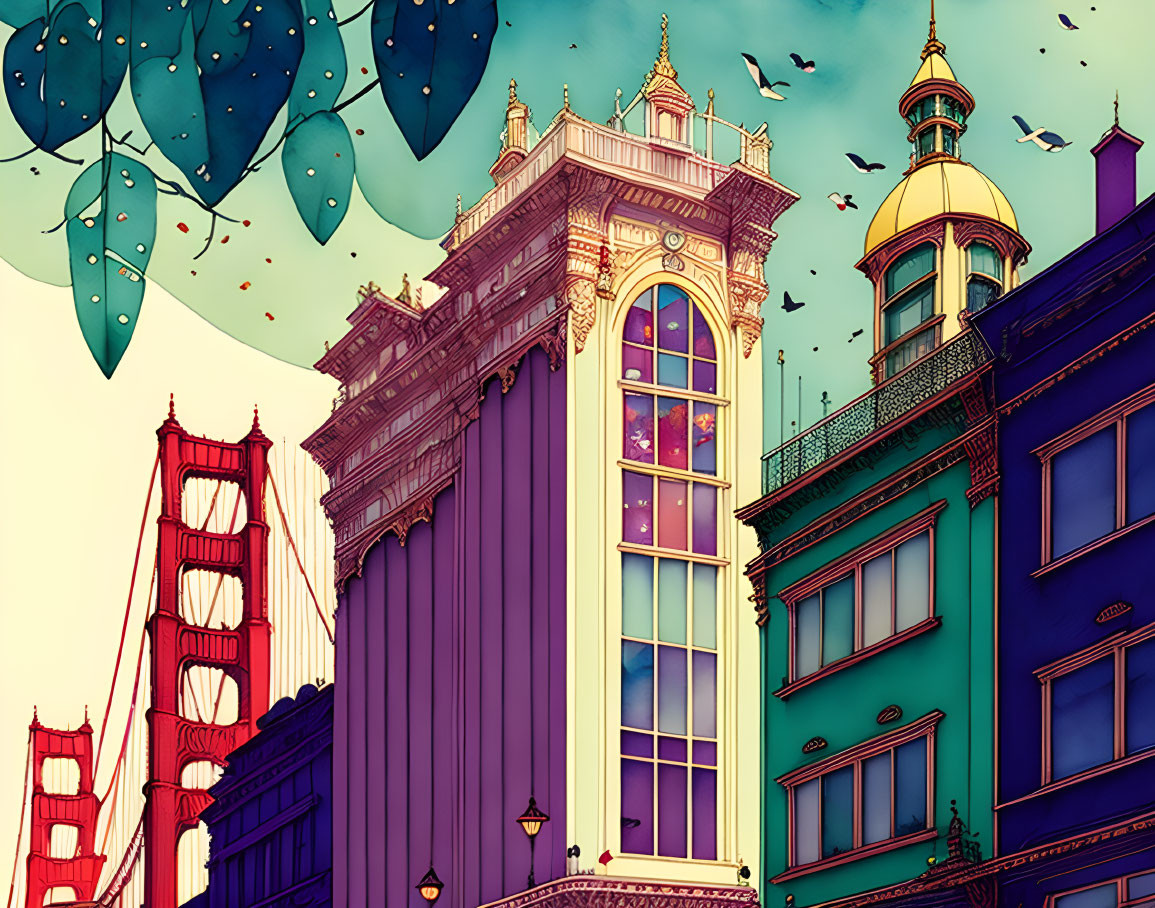 Colorful Buildings with Ornate Details and Red Bridge in Stylized Illustration