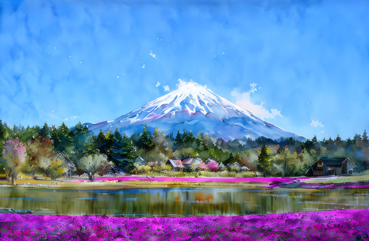 Scenic watercolor artwork of Mount Fuji with pink flowers, lake, and houses