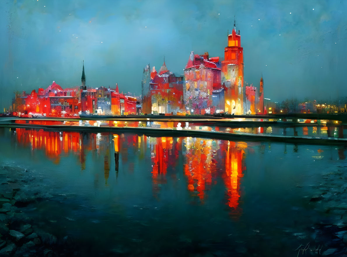 Cityscape painting with red tower and serene atmosphere