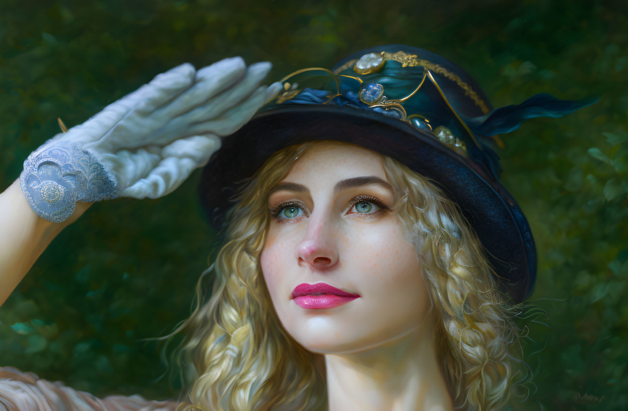 Blonde woman in feathered hat and lace glove saluting in nature