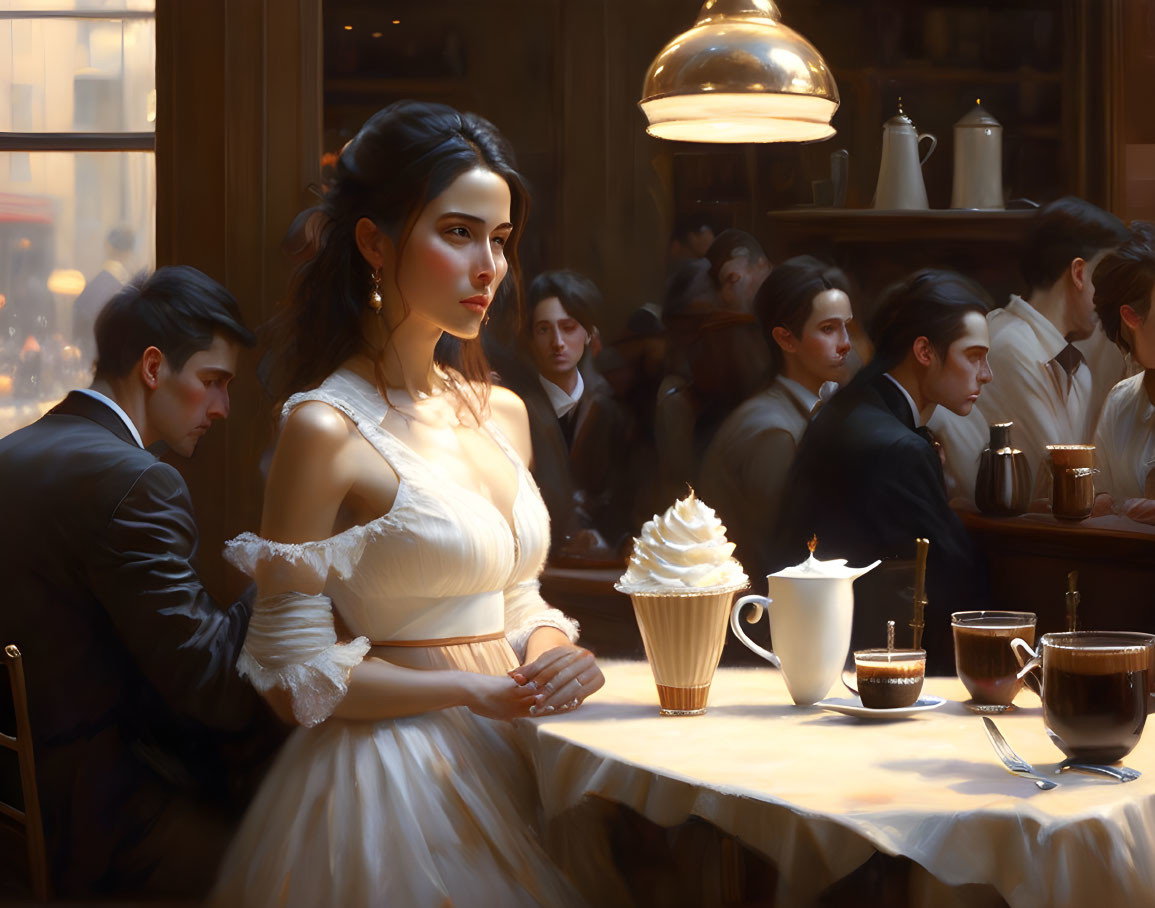 Woman in White Dress at Busy Café with Patrons Talking and Desserts on Table