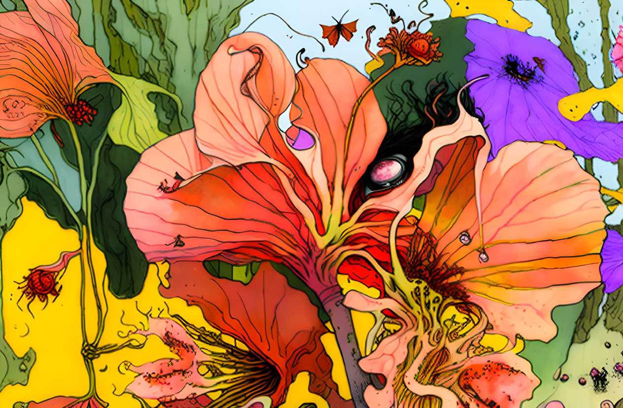 Colorful surreal floral scene with anthropomorphic flower and human eye blend