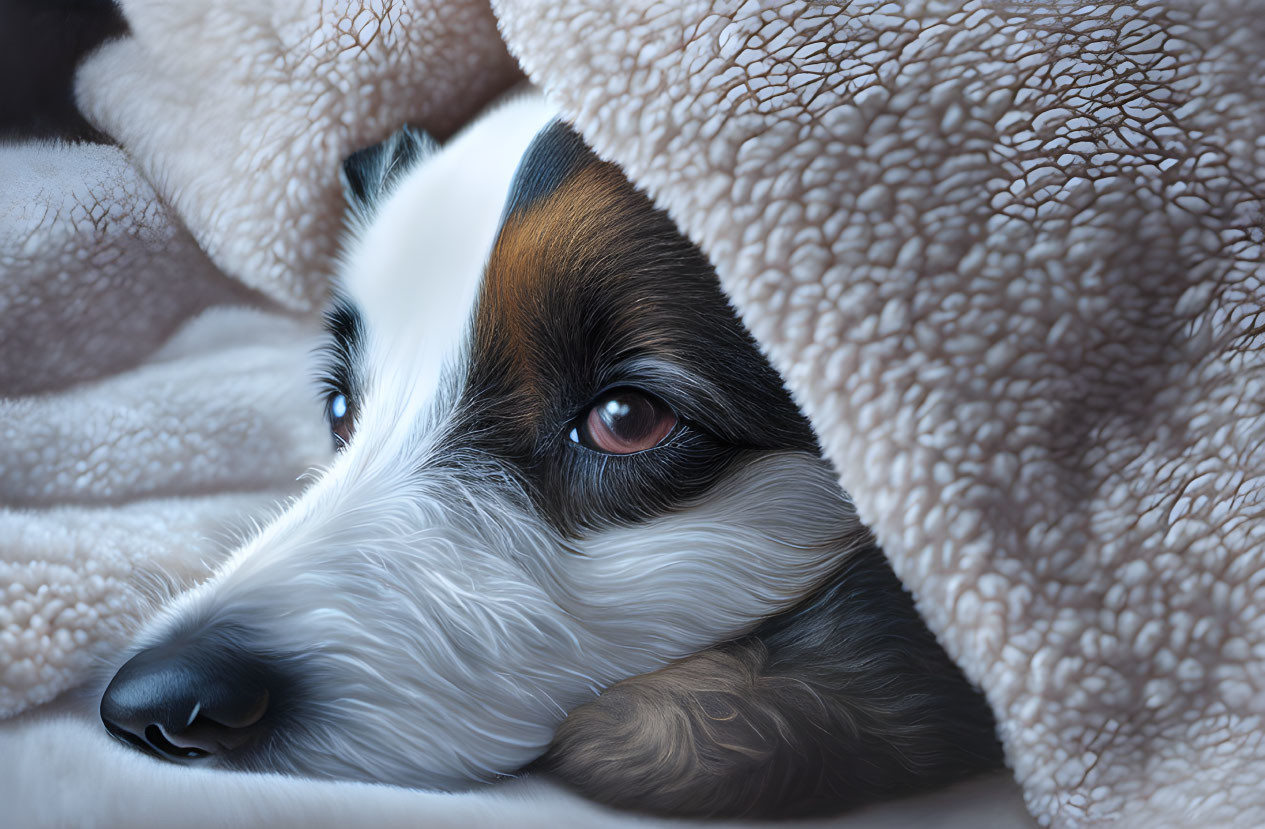 Black and White Dog Peeking from Beige Blanket