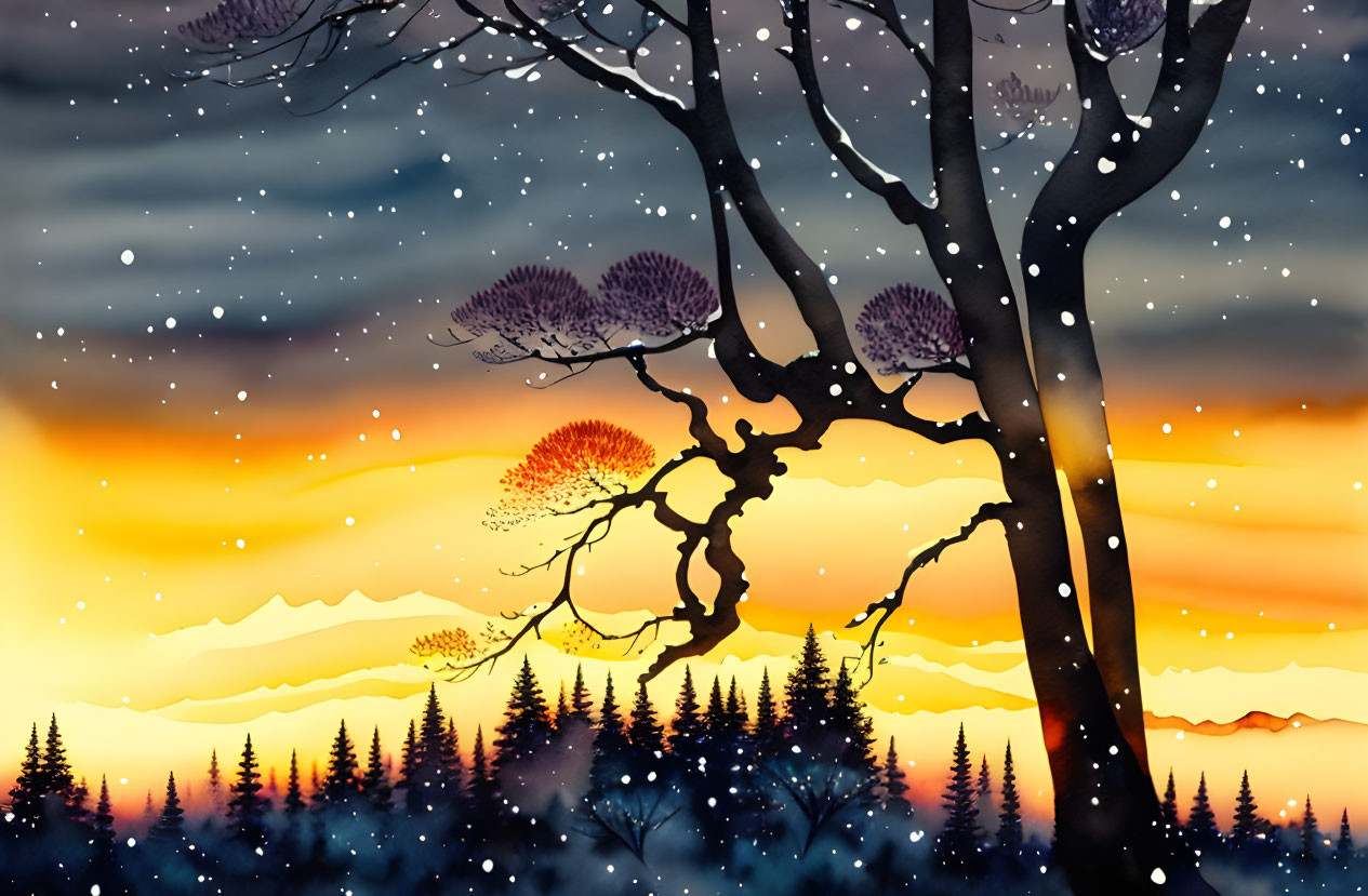 Snowy Landscape at Dusk with Silhouetted Trees and Colorful Sky