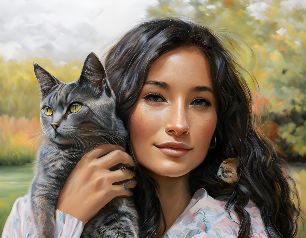 Woman with long dark hair holding grey cat in nature scene