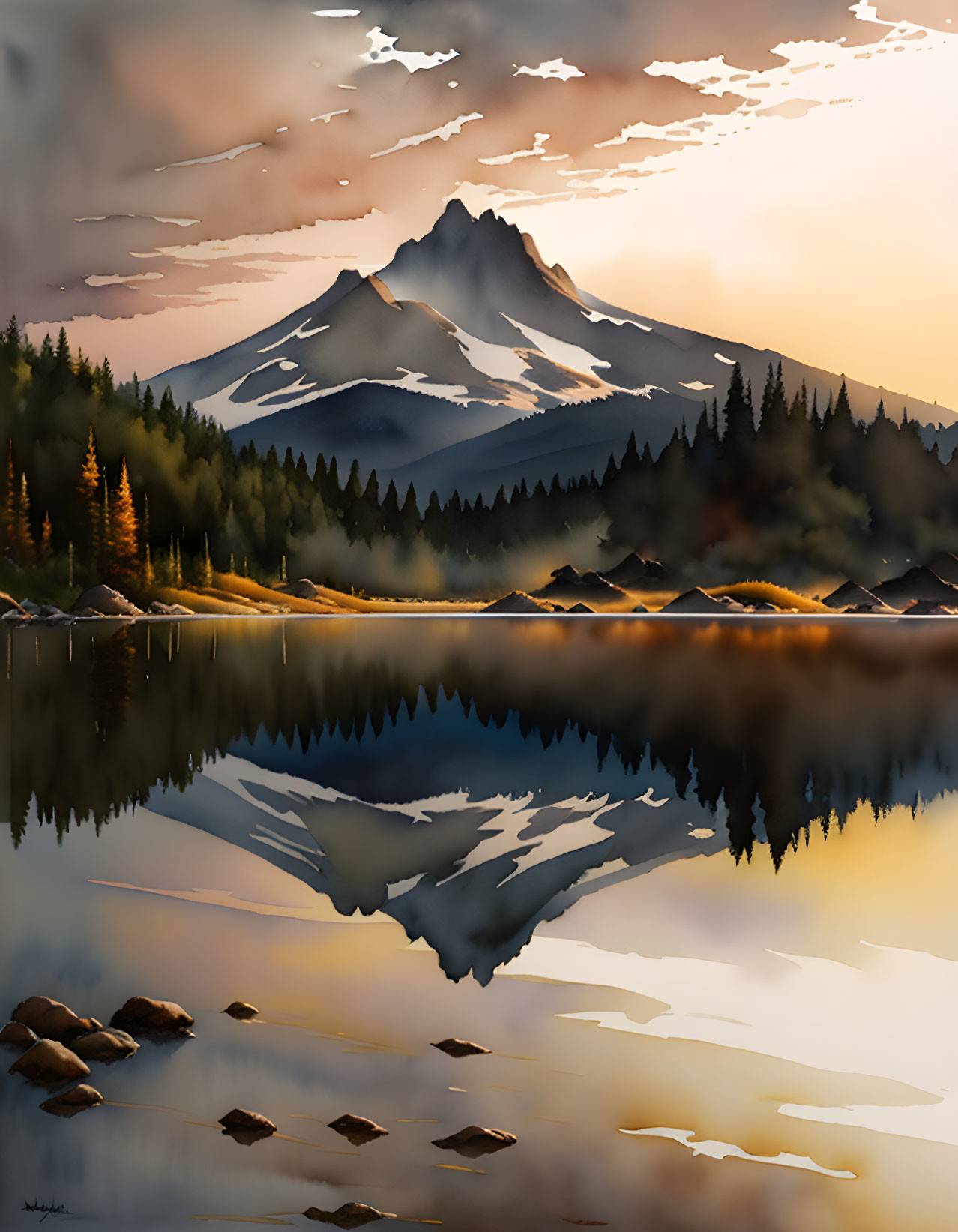 Snow-capped mountain reflected in still lake at sunset amid forest and cloudy sky