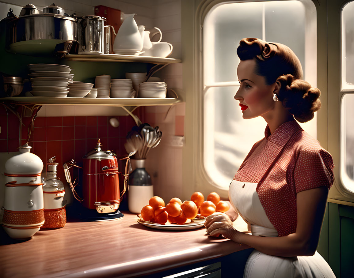 Vintage-dressed woman in retro kitchen with cookware and oranges.