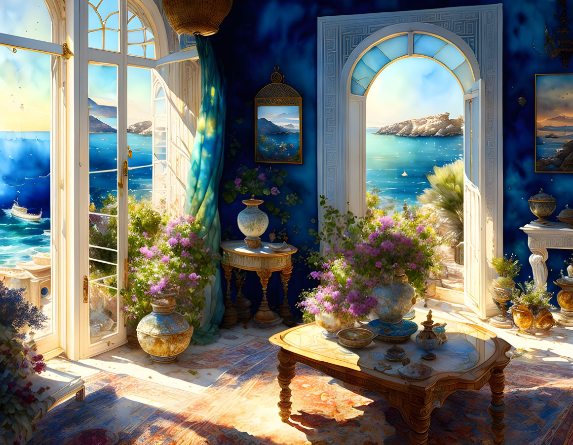 Sunlit Mediterranean Room with Sea View and Decorative Elements