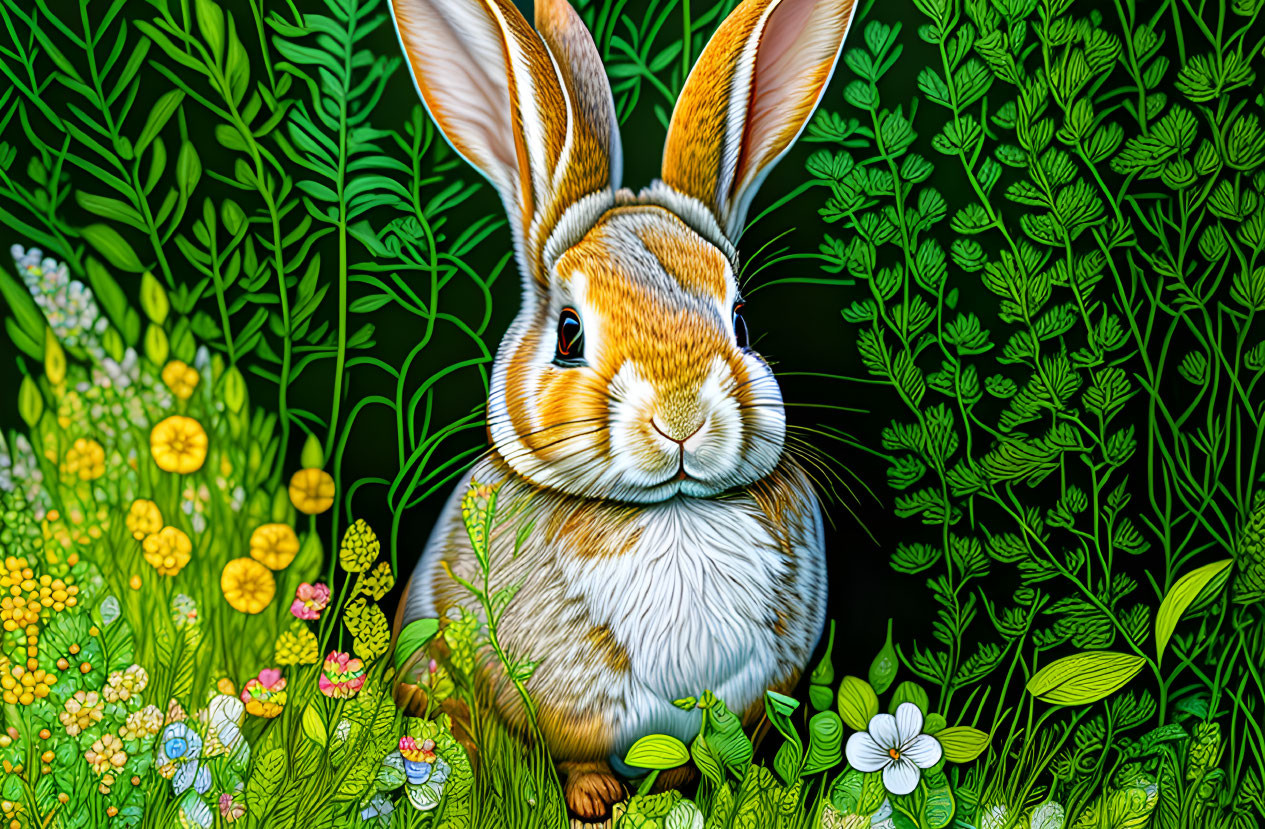 Brown and White Rabbit in Lush Greenery and Wildflowers