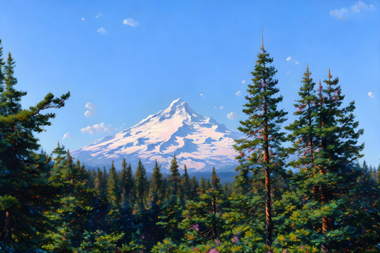 Snow-capped mountain in lush forest under clear blue sky