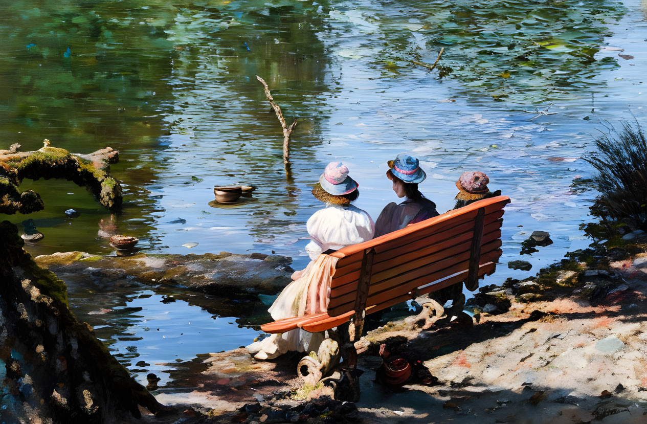 Vintage clothing trio sitting on park bench near pond in serene setting