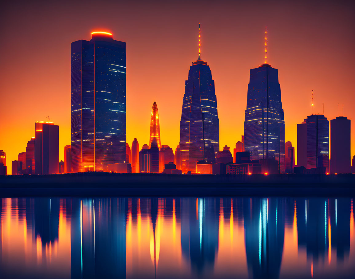 City skyline at sunset with skyscrapers' silhouettes reflected on water