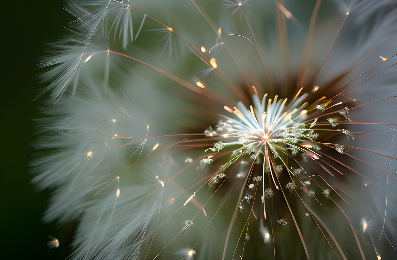 Detailed view of dandelion seed head with dispersing seeds and water droplets.