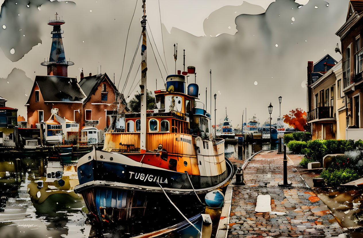 Colorful Tugboat "Tugbilla" at Quaint Harbor with Lighthouse in Rain