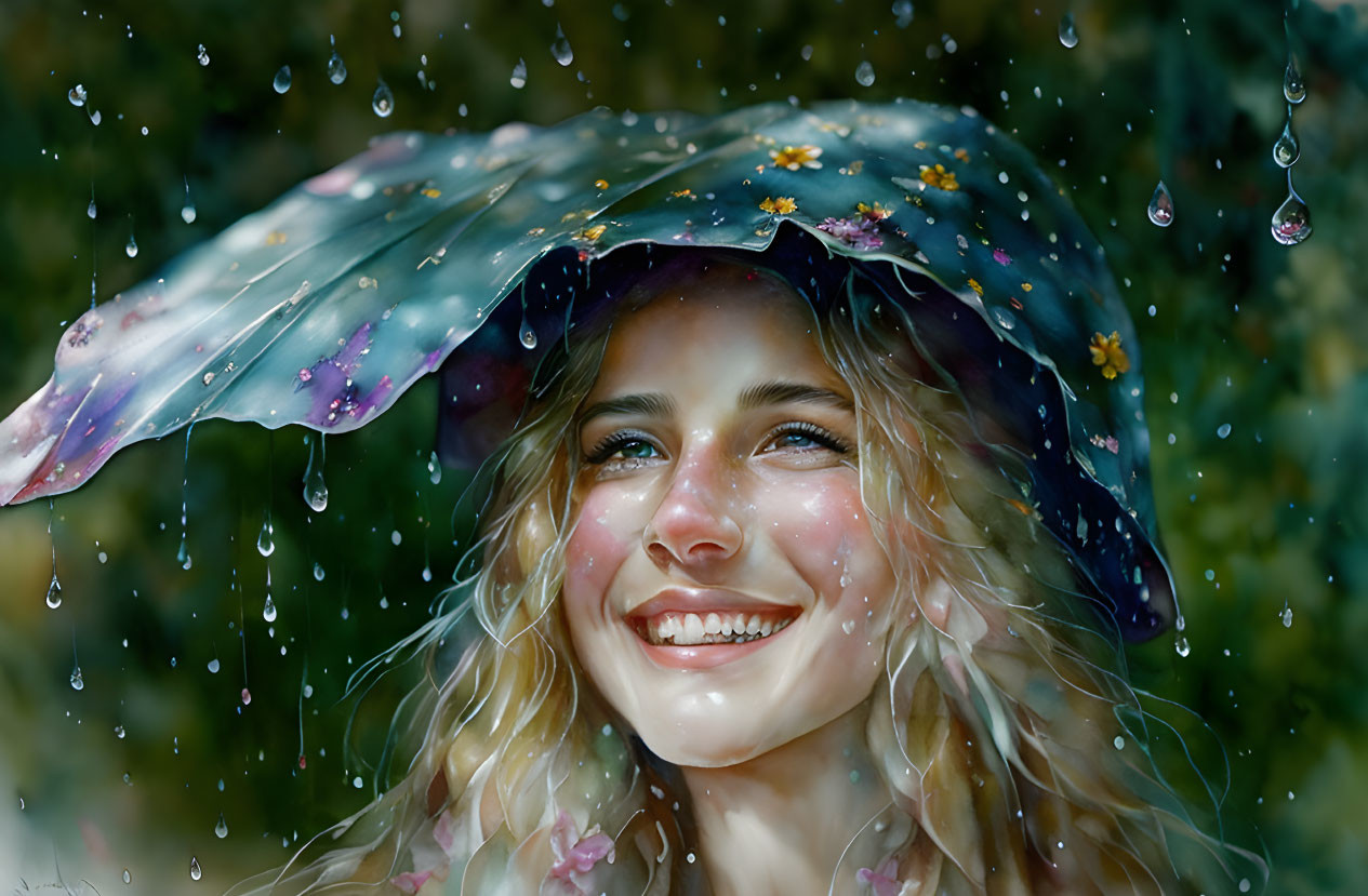 Blonde woman with flower umbrella in rain smiling