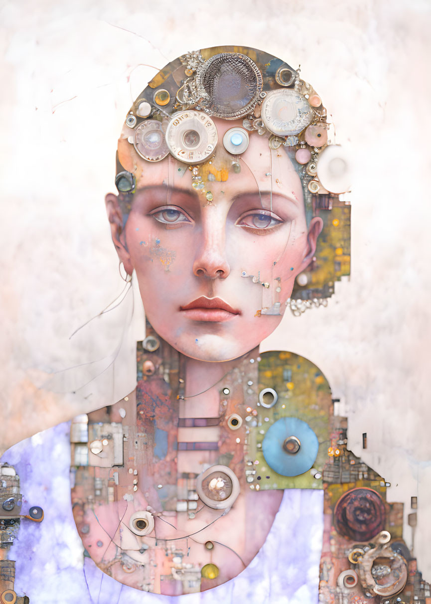 Surreal digital artwork of woman with mechanical collage hair & features