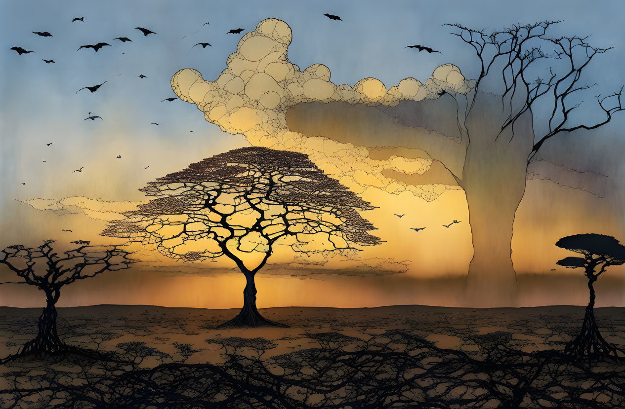 Silhouetted trees and birds in a surreal twilight landscape