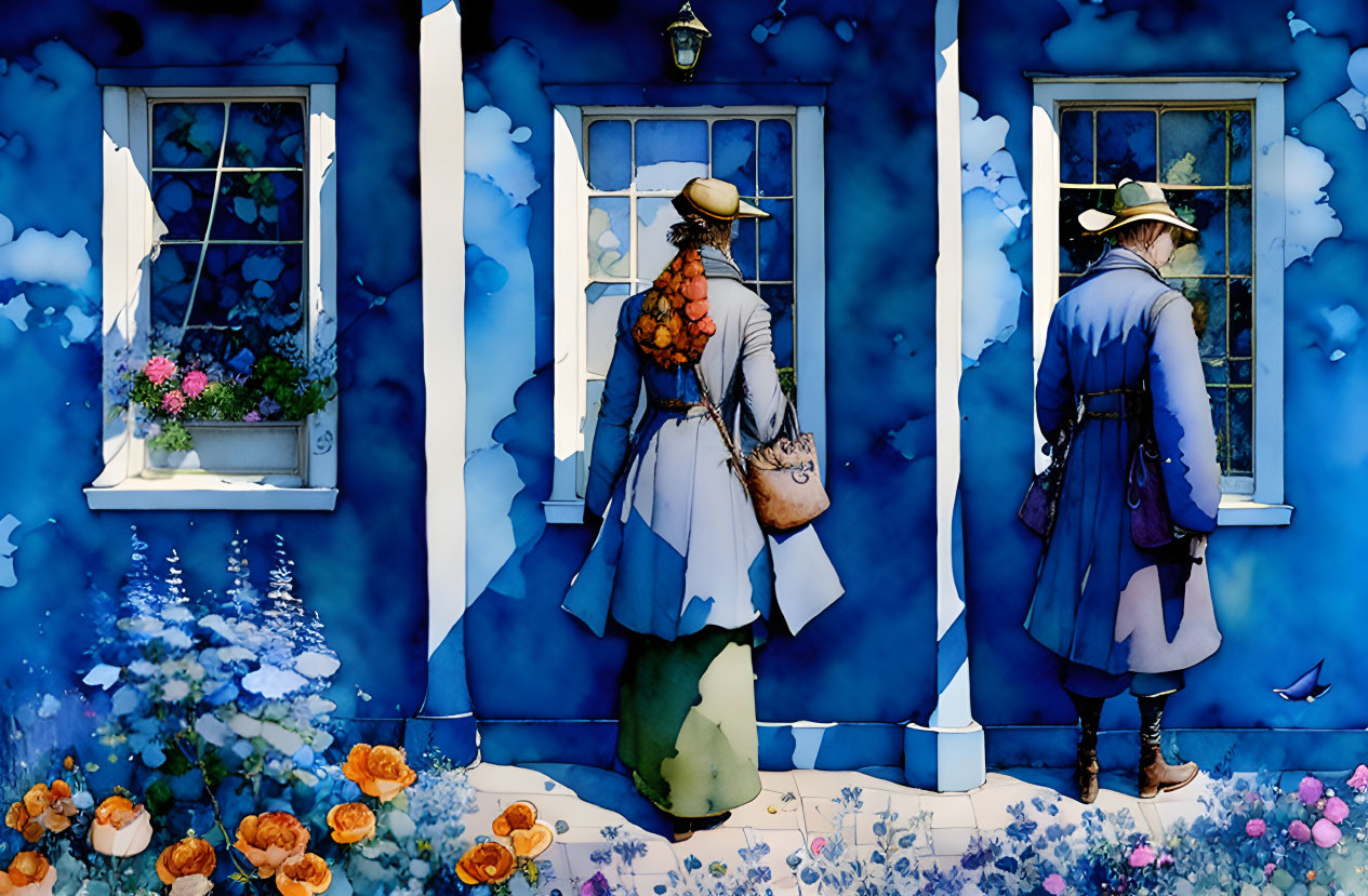 Colorful vintage attire scene with two figures by blue door and window