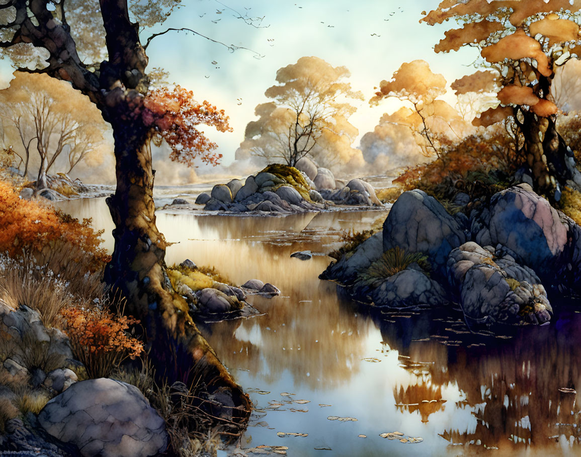 Tranquil autumn landscape with colorful trees, lake reflection, boulders, and birds