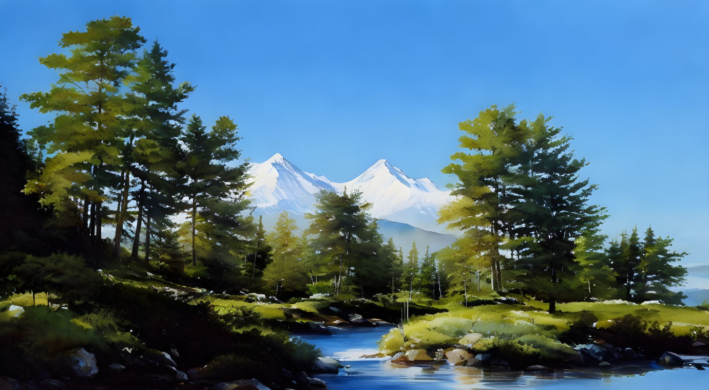 Tranquil landscape with green trees, stream, and snow-capped mountains