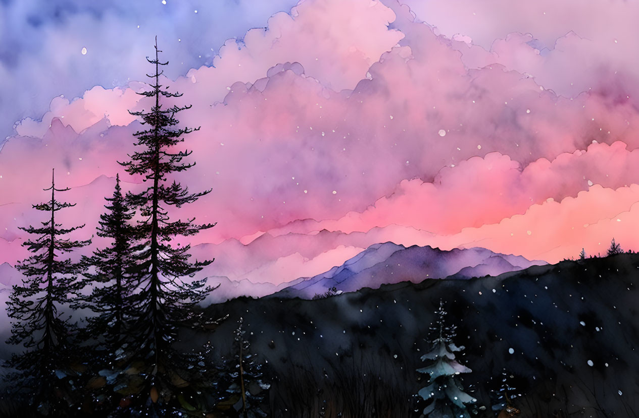 Scenic watercolor landscape with pine trees, mountains, pink and blue sky