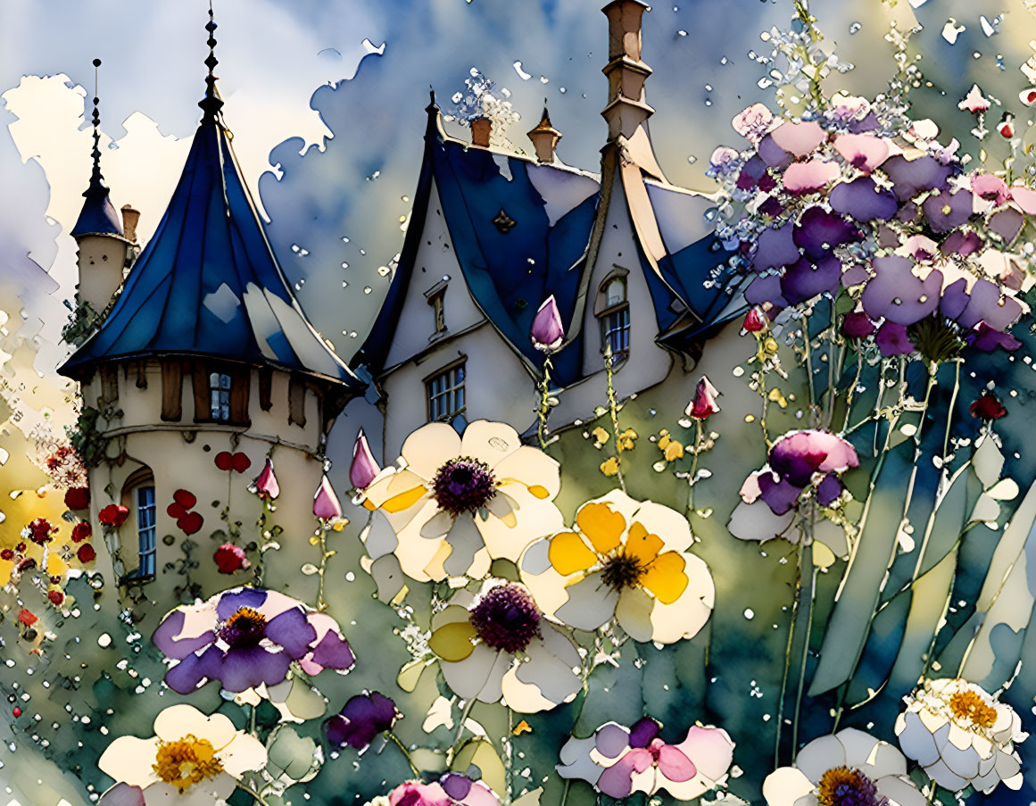 Whimsical castle in colorful flower field under blue sky