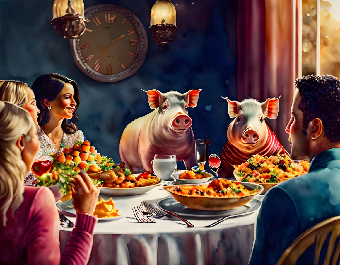 Artwork of people and pigs at dinner table with window and clock