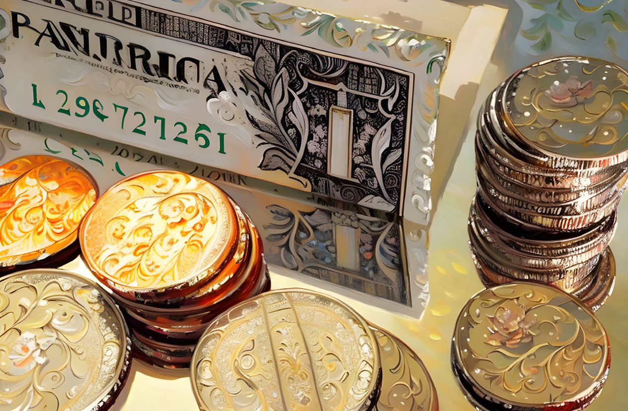 Detailed Illustration of One Dollar Bill and Gold Coins with Intricate Designs