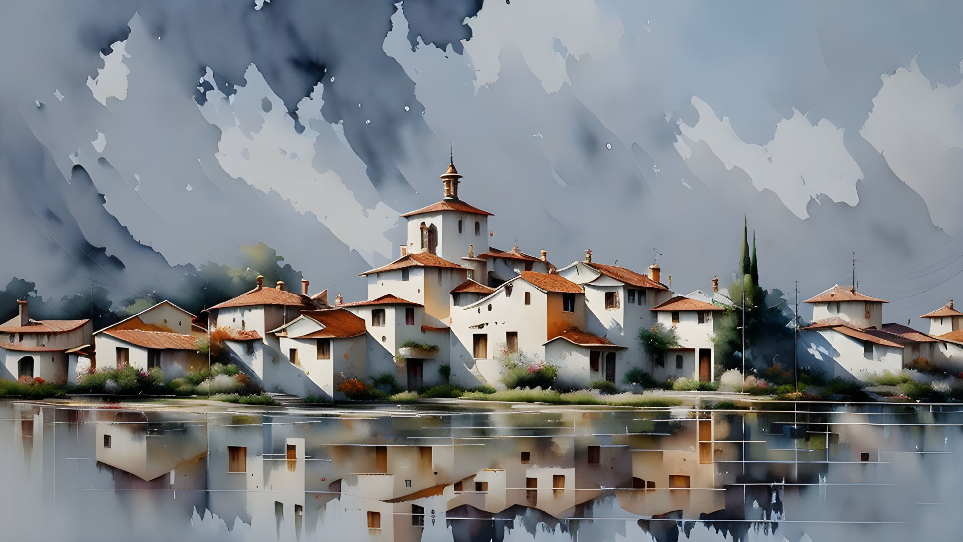 Tranquil village scene with white houses and orange roofs by a reflective water body