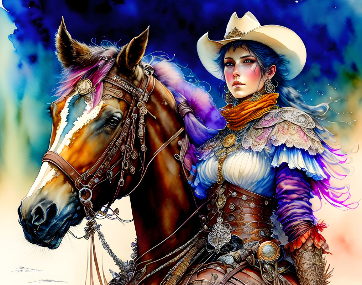 Vibrant illustration of woman in western outfit with horse on blue backdrop