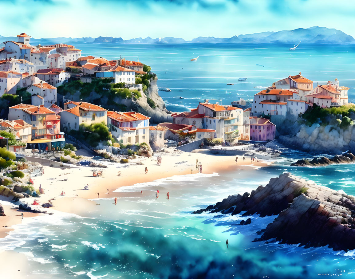 Pastel-colored coastal town illustration with beach, blue waters, and mountains