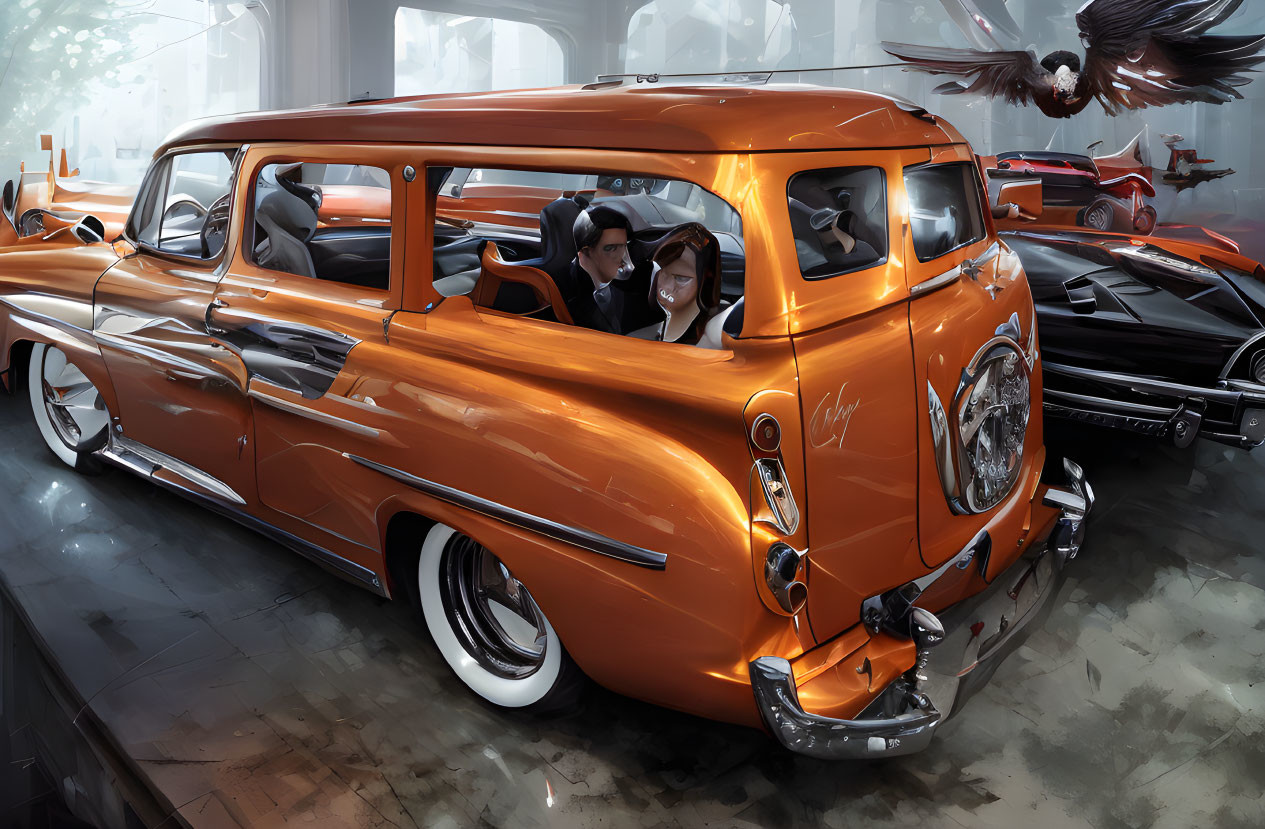 Vintage orange station wagon with white-wall tires in futuristic garage with couple and bird.