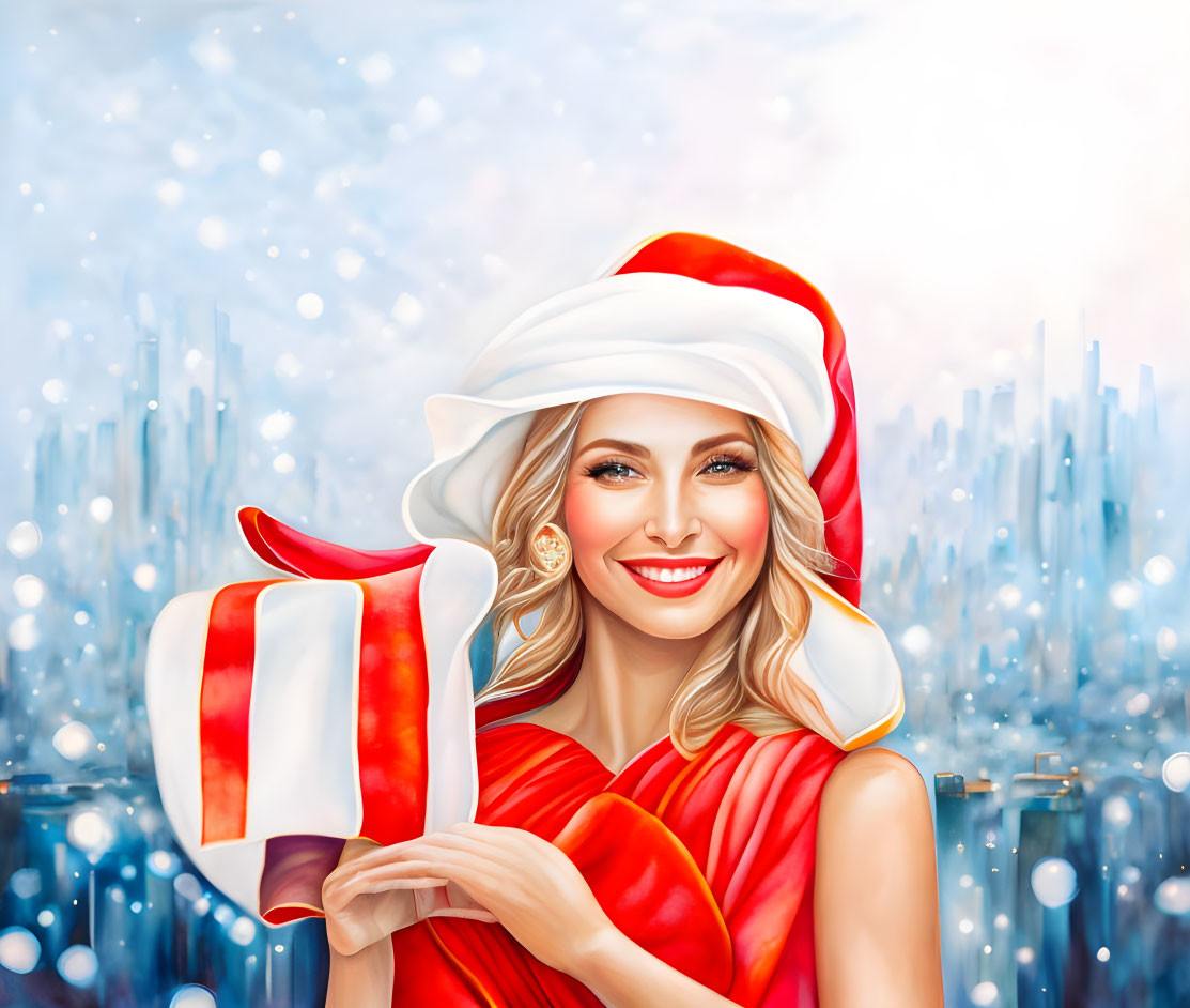 Smiling woman in Santa hat with gift in snowy cityscape