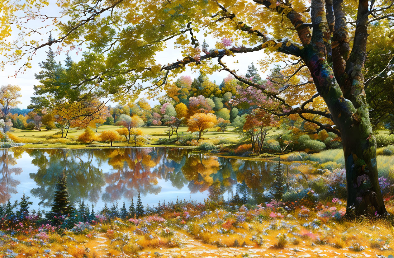 Colorful Autumn Landscape: Foliage Reflecting in Tranquil Lake