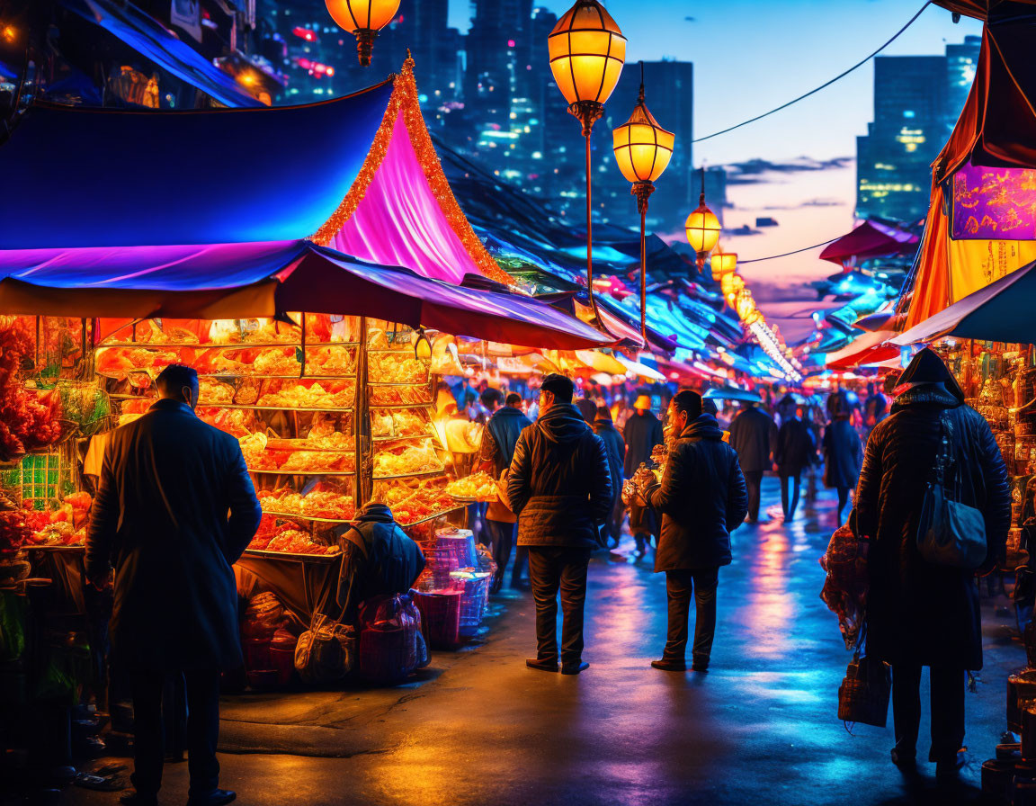 Colorful Night Market with Stalls and Lights