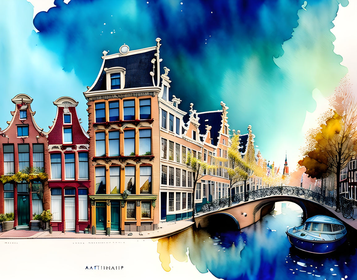 Vibrant Amsterdam cityscape with canal houses, bridge, boat, and abstract watercolor splashes