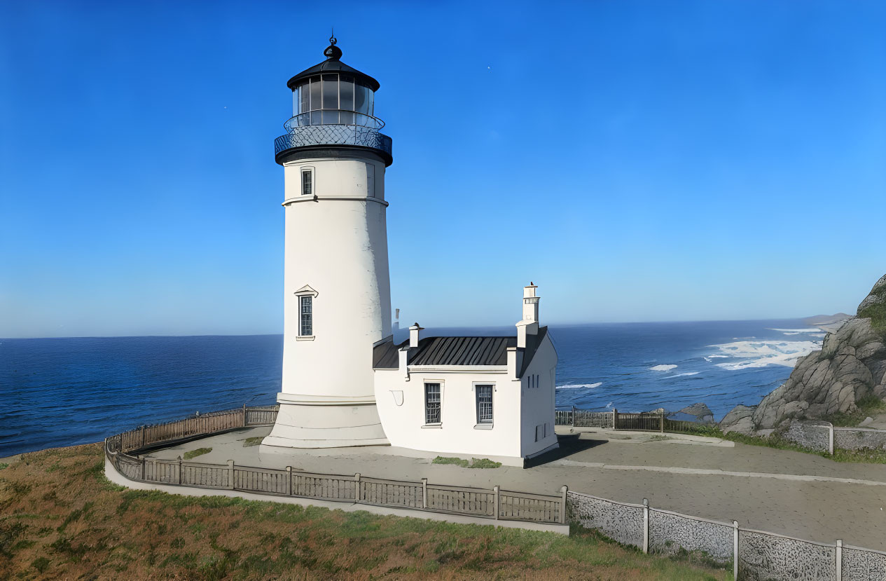 White lighthouse on coastal cliff overlooking calm sea