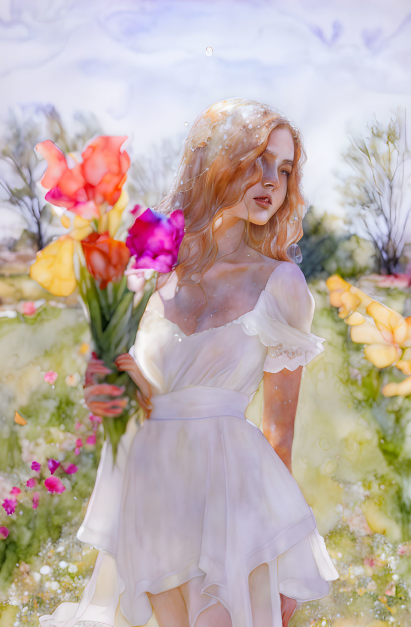 Woman in White Dress in Vibrant Flower Field with Ethereal Atmosphere