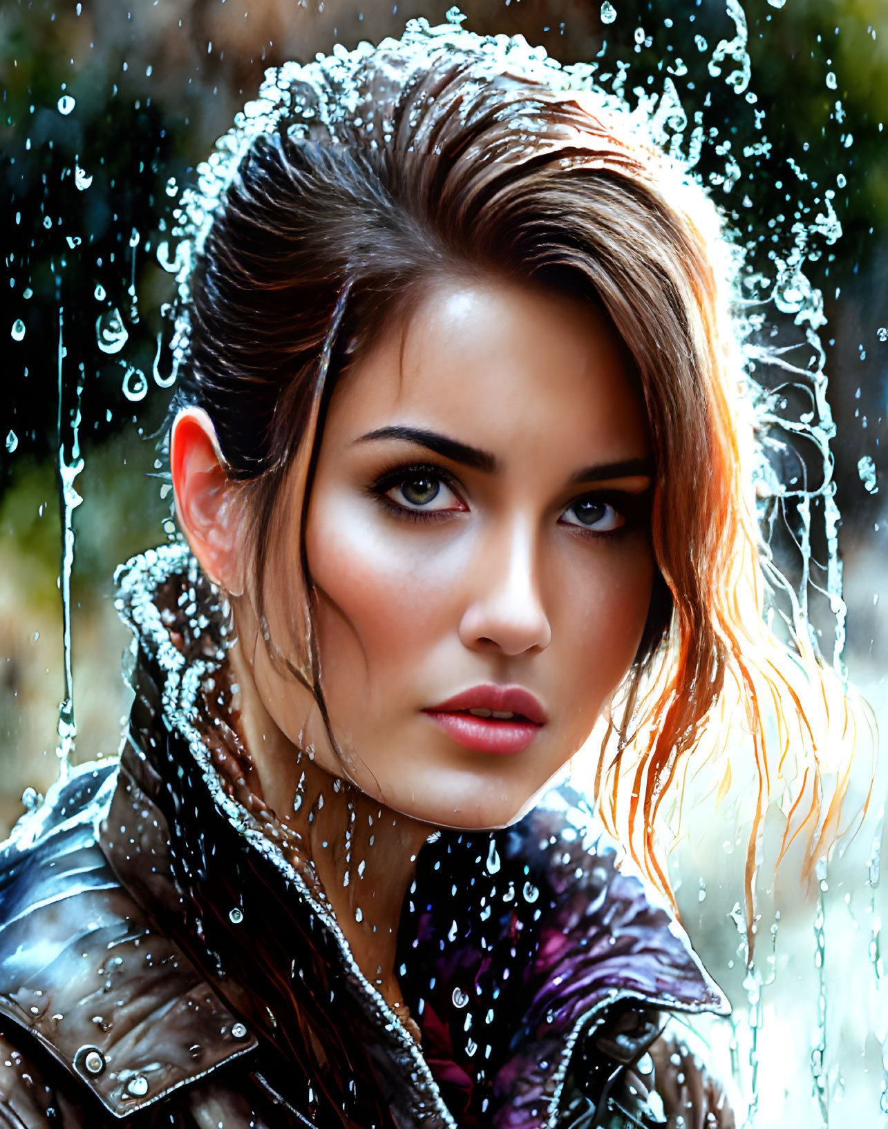 Portrait of woman with wet hair and striking eyes behind raindrop-covered pane.