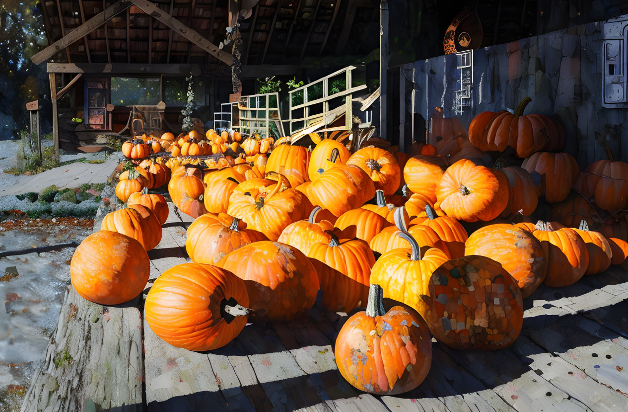 Rustic pumpkin patch on wooden planks near quaint shed