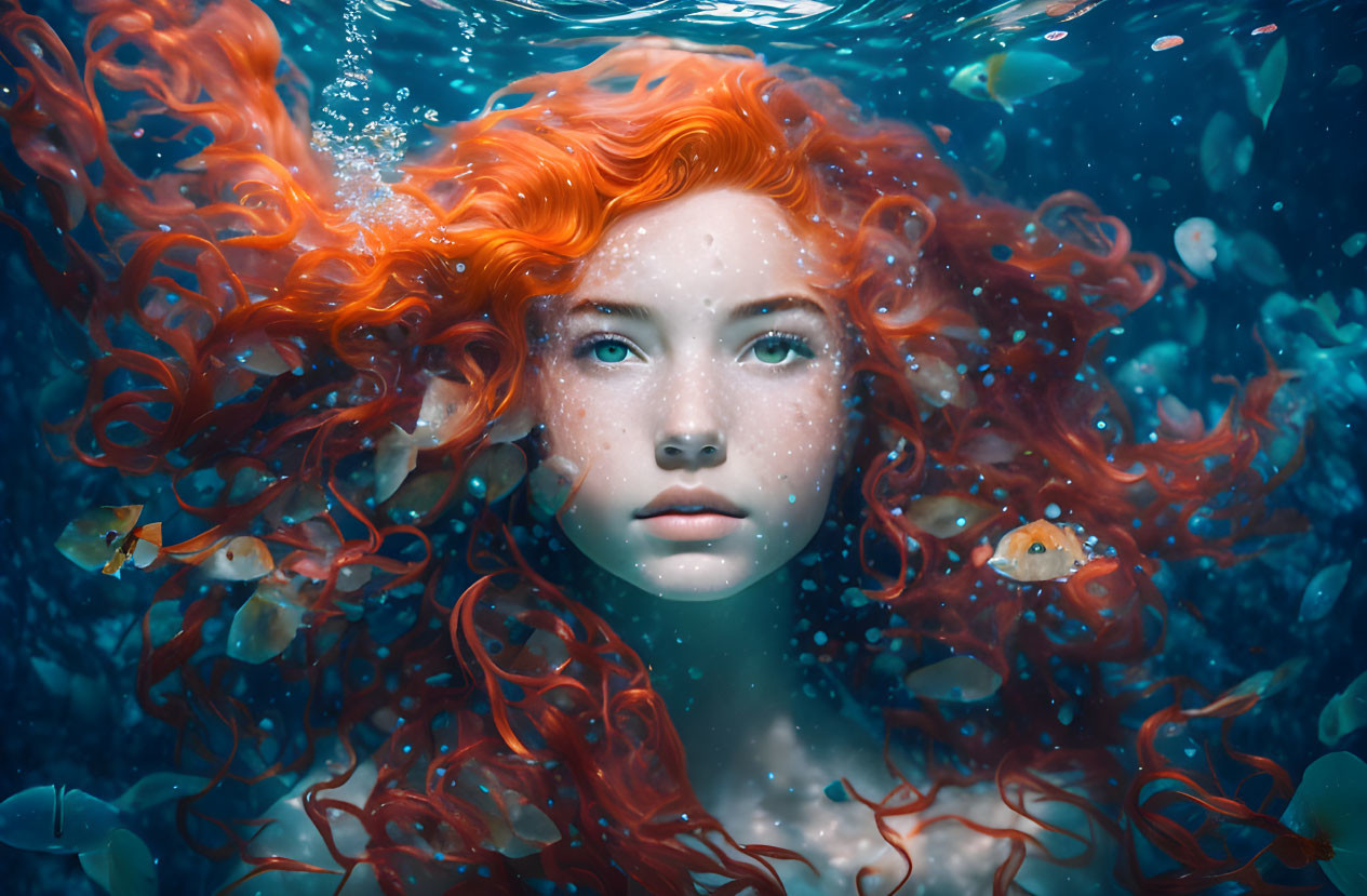 Underwater image: Woman with vibrant red hair and serene expression among tiny fish