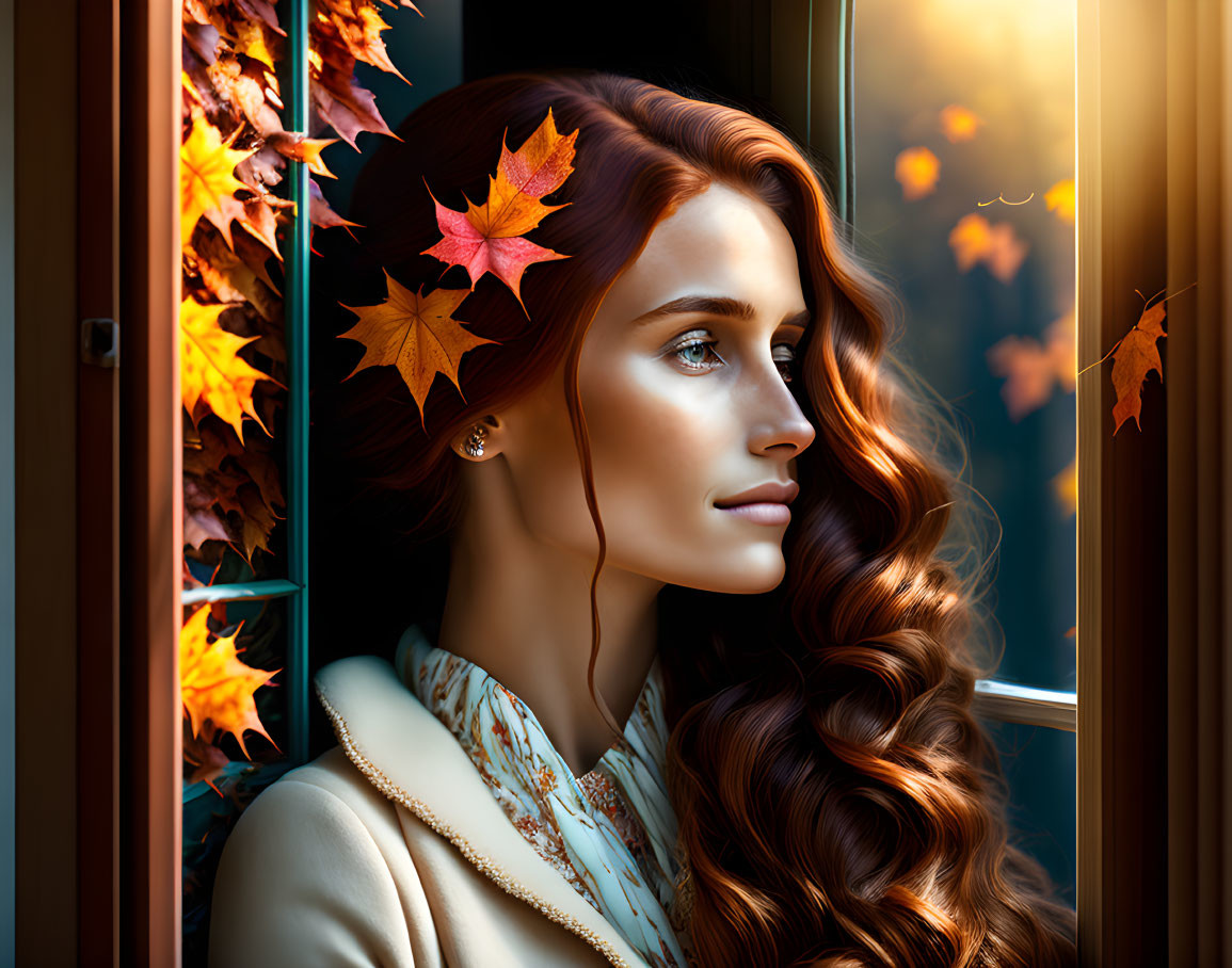 Woman with Long Auburn Hair Looking out Window in Autumn Light