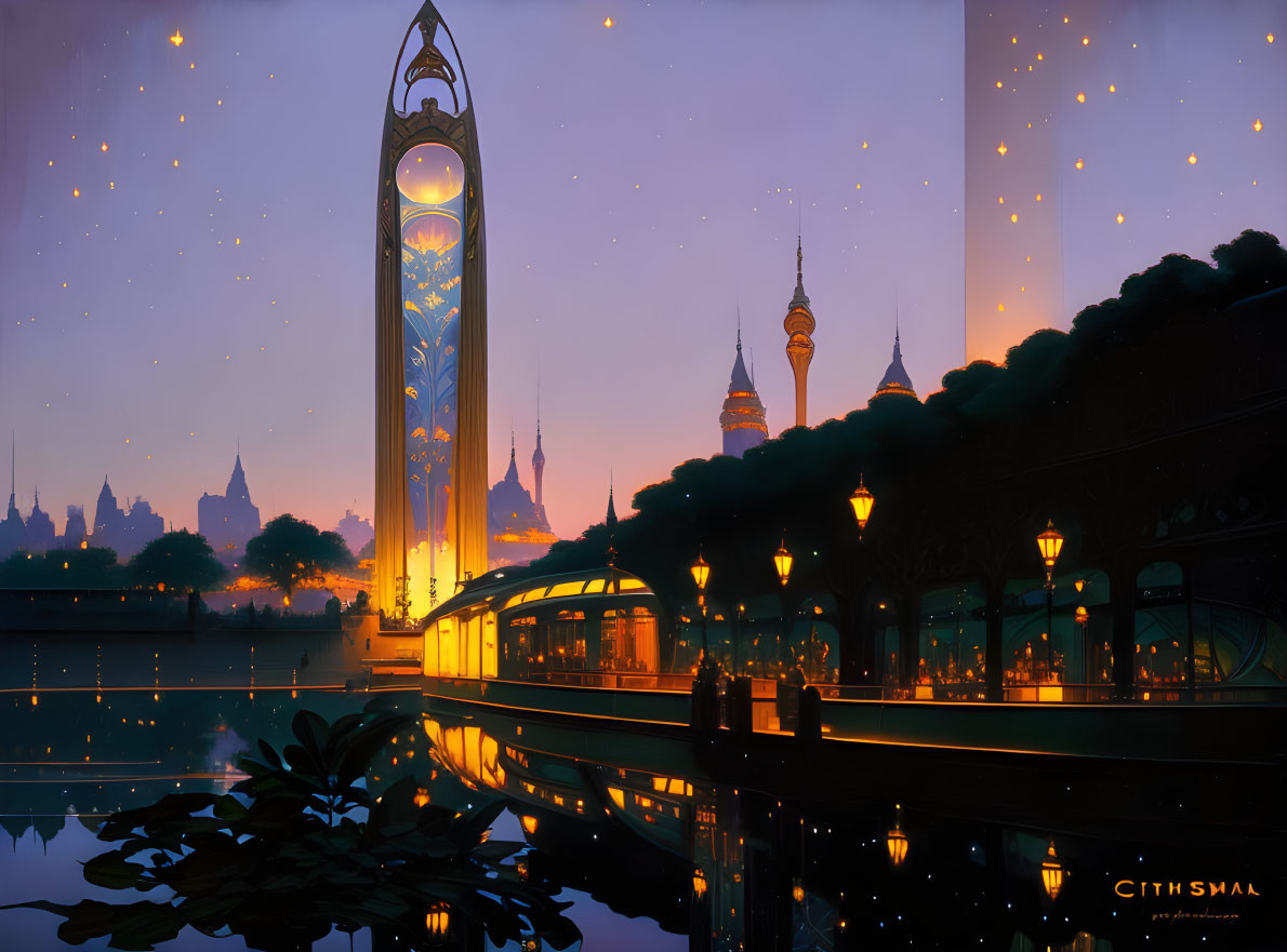 Fantasy cityscape at dusk with glowing sun and ornate towers