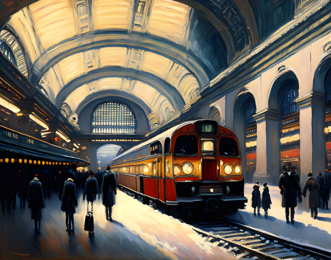 Colorful painting of red train at bustling station